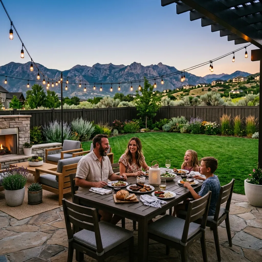 Utah family enjoying pest-free backyard with mountain views